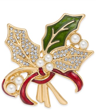 Charter Club Holiday Lane Gold-Tone Pave & Imitation Pearl Holly Pin, Created for Macy's