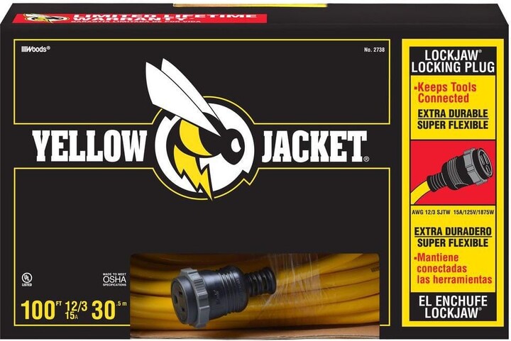 Yellow Jacket 100 ft. 12/3 SJTW Outdoor Heavy-Duty Lock Jaw Extension Cord