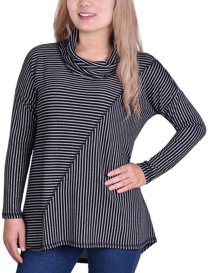 ZEVONDA Womens T-Shirt Cozy Casual Cowl Neck Striped Long Sleeve Blouse 
