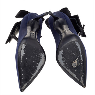 Christian Dior Navy Blue Satin Bow Ankle Strap Pointed Toe Pumps Size 37.5