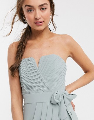 TFNC Petite bridesmaid exclusive bandeau wrap midaxi dress with pleated detail in sage