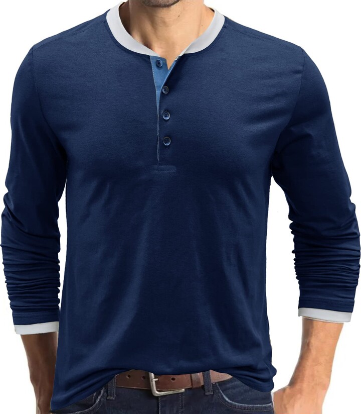 MakingDa Mens Henley Long Sleeve Shirts Basic Plain Smart Collarless Casual  Tops Lightweight Comfy Button Crew Neck T Shirt Blue L - ShopStyle