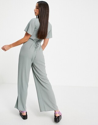 ASOS Tall ASOS DESIGN tall bubble crepe short sleeve tea culotte jumpsuit  in sage - ShopStyle