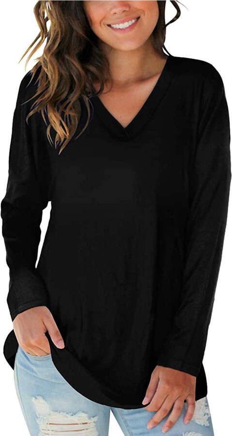 Aotifu Womens Tunic Tops Casual V Neck Oversized Loose Long Sleeved Pullover Henley Shirts Sweatshirt Blouses