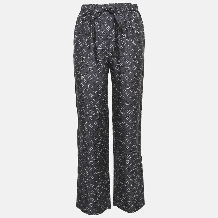 Louis Vuitton Grey Logo Print Silk Trousers S