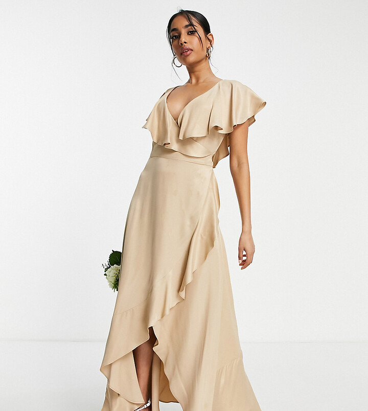 Topshop Petite bridesmaid satin frill wrap dress in gold - ShopStyle