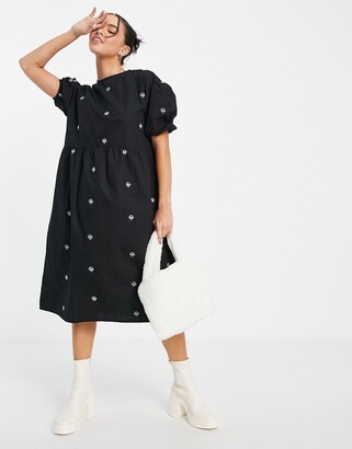 NATIVE YOUTH puff sleeve midi smock dress with contrast mushroom embroidery
