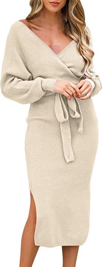 24seven Comfort Apparel Women's Chic V-neck Long Sleeve Belted Dress