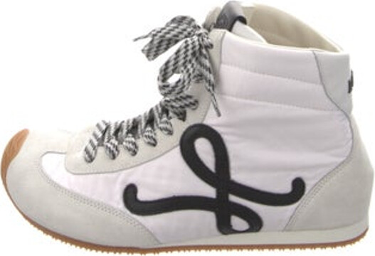 Loewe Nylon High Top Chunky Sneakers White Printed Suede Trim Round-Toes Lace-Up Closure at Uppers