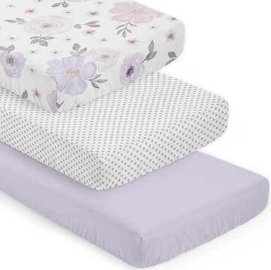Watercolor Floral Lavender and Grey 3 Pack Fitted Crib Sheets by Sweet Jojo Designs