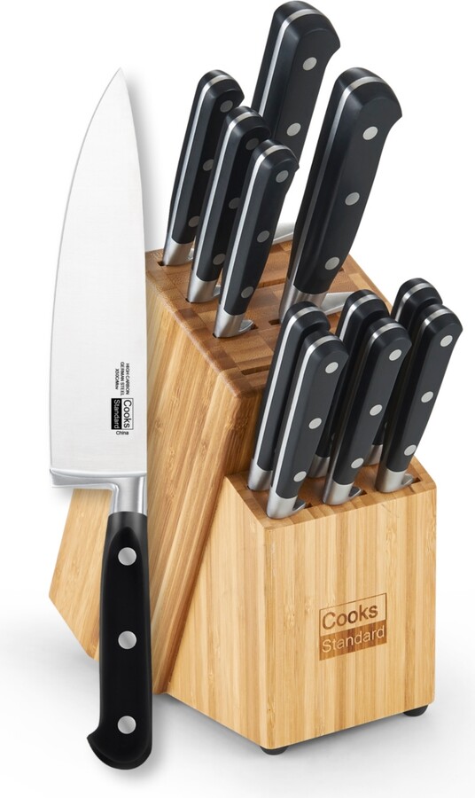 Wolfgang Puck 6-Piece Stainless Steel Knife Set with Knife Block; Carbon  Stainless Steel Blades and Ergonomic Handles; Blonde Wood Block with  Acrylic Safety Shield; Chef Quality Cutlery and Knife Set 