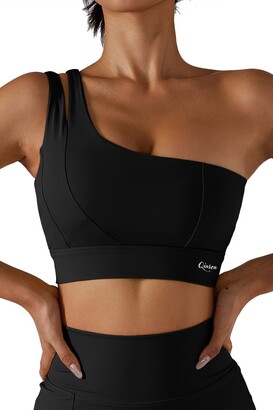 QINSEN Womens One Shoulder Yoga Bra Cutout Straps Athletic Sports Running Workout  Top - ShopStyle