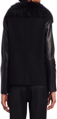 Halston Faux Fur Collar Leather-Sleeve Jacket