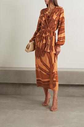 Johanna Ortiz Sociedades Antiguas Printed Silk Crepe De Chine Midi Wrap Dress - Orange