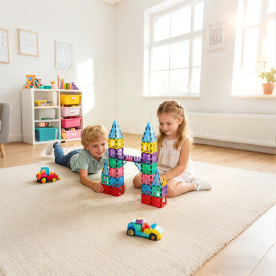 106-Piece Antibacterial Magnetic Tiles Kit With 2 Cars: Safe STEM 3D Construction Blocks For Kids, Ideal Christmas Gift