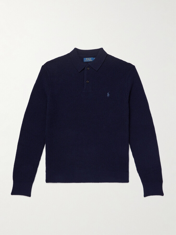 Polo Ralph Lauren Logo-Embroidered Waffle-Knit Wool and Cotton-Blend Polo Sweater