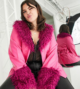 Thumbnail for your product : Daisy Street Plus pink y2k PU coat with faux fur cuffs and collar