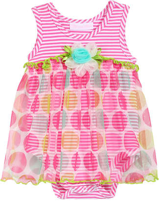 Bonnie Baby Sleeveless Striped Romper with Dot-Print Overlay, Baby Girls