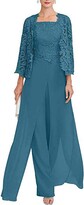 Thumbnail for your product : Snow Lotus Women's Long Three Pieces Chiffon Mother of The Bride Dress with Lace 3/4 Sleeve Formal Pants Prom Dress Silver Gray