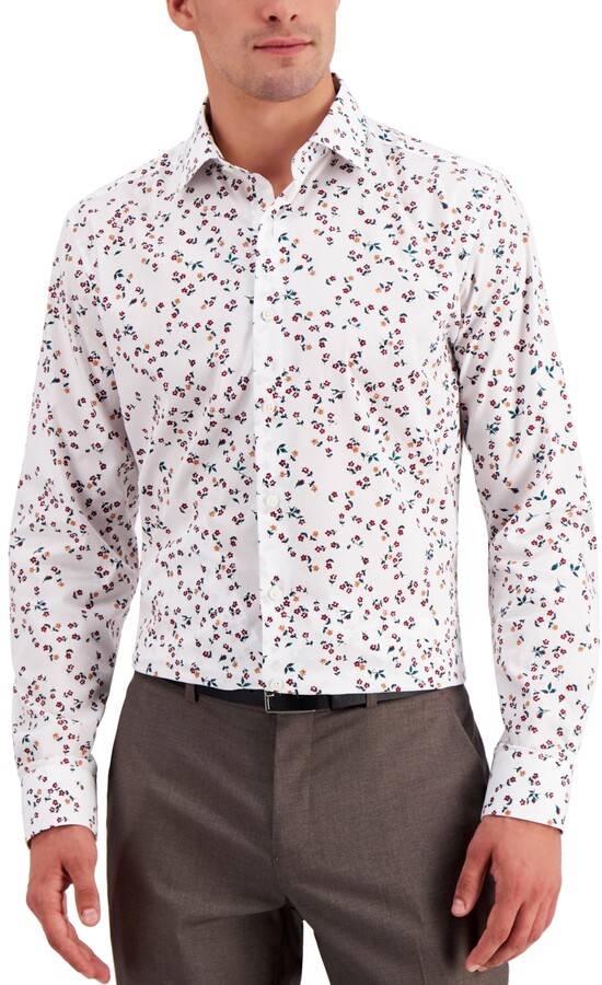 KLJR Men Lapel Long Sleeve Fitted Floral Print Button up Dress Shirts 
