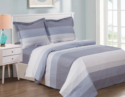 Violet Linen French Sea Soft Multi Stripe Pattern Cotton Percale Duvet Cover Set