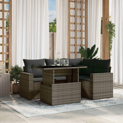 VidaXL Garden Sofa Set Grey PE Rattan, Powder-Coated Steel, Tempered Glass