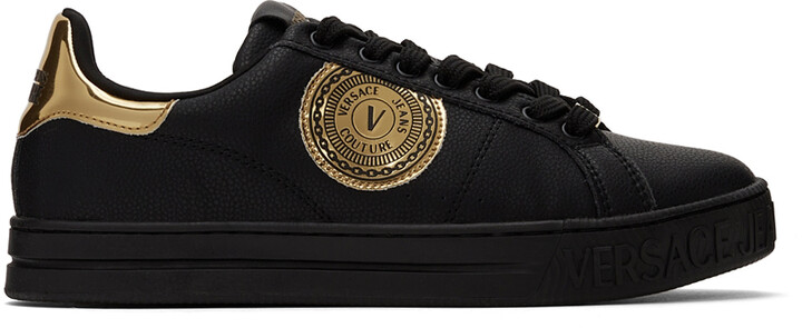 Versace Jeans Couture Black & Gold 88 V-Emblem Court Sneakers - ShopStyle