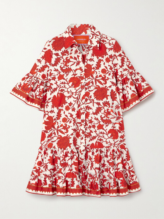 La DoubleJ + Orlebar Brown Choux Ruffled Printed Cotton-twill Mini Dress - Red