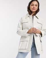 Thumbnail for your product : ASOS DESIGN four pocket belted faux leather jacket in white