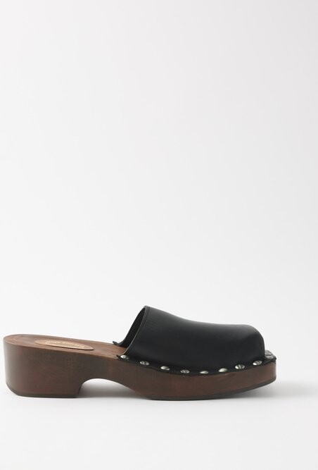 Wooden Black Leather Clogs