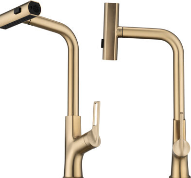 Brushed Gold Pull Down Kitchen Faucet - 3 Spray Modes, Single Handle, 360 Rotation, Zinc, Hot And Cold Water Options With Stream, Spray, Rainfall Wate