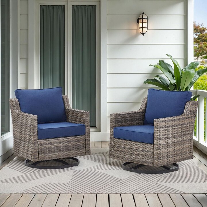 Bellefurn Halara 2-Person Gray Wicker Outdoor Swivel Glider Patio Rocking Chair with Olefin 4 in. Thick Blue Cushions