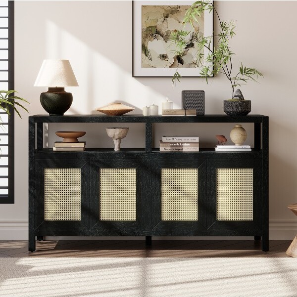 ModernLuxe BohemianStorageCabinetRattanSideboardWoodBuffetAccentCabinetwithAdjustableShelvesNo-HandlePush-to-OpenDesignBlac