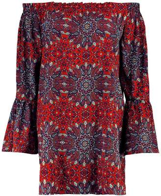 boohoo Petite Claire Woven Paisley Off The Shoulder Dress
