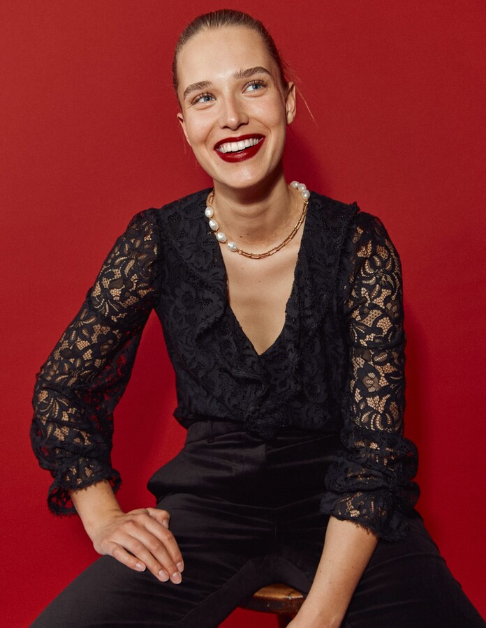 Boden Ruffle Detail Lace Blouse, Black