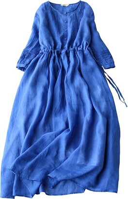 Linen Midi Dress Casual Cotton Linen Dresses Long Sleeve Maxi For