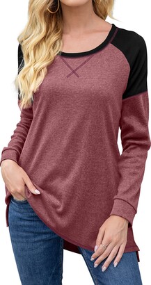 osazic Womens Casual Color Block Long Sleeve Round Neck Pocket T Shirts Blouses Sweatshirts Tunic Tops 