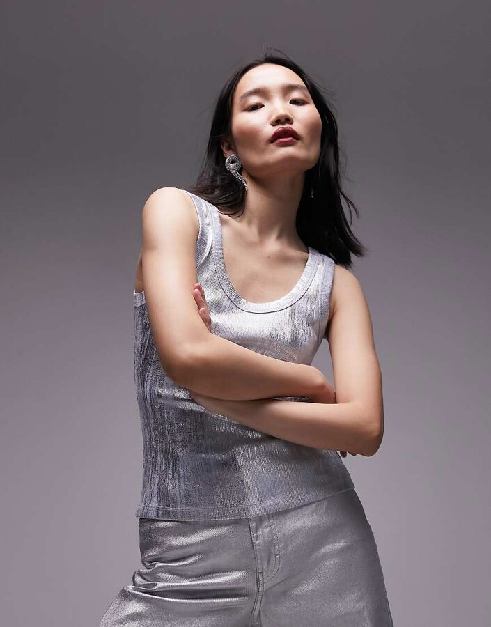 Topshop foil print scoop neck vest in blue ShopStyle