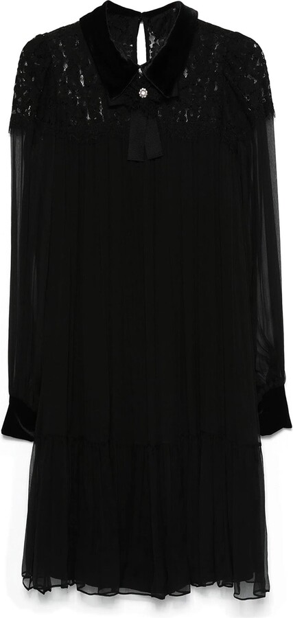 Nissa Black Lace-Panel Silk Midi Dress