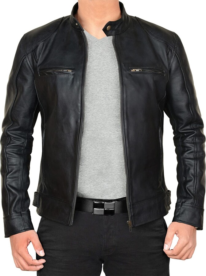 LPFACON Black Leather Jacket Men Cafe Racer Leather Jacket