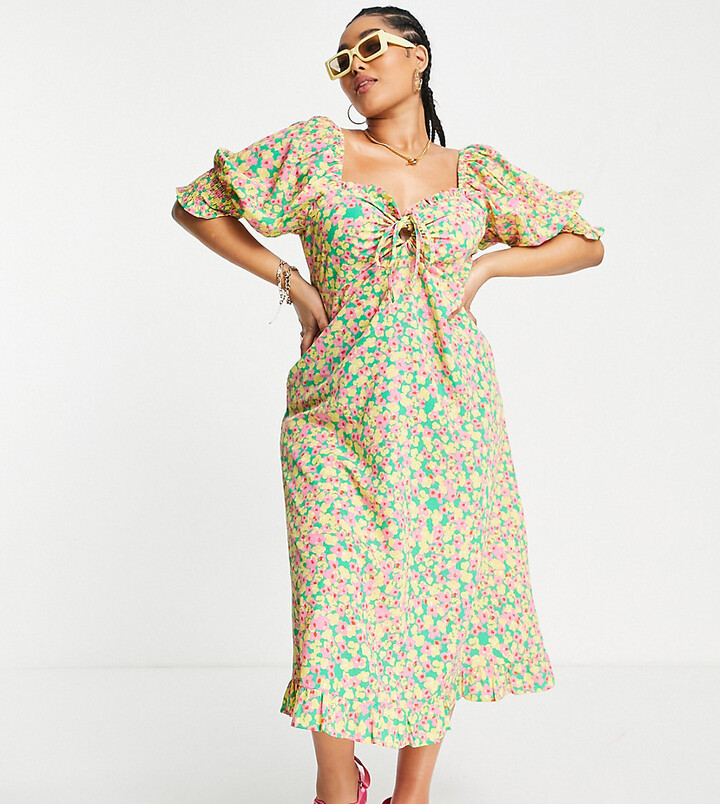 Neon Rose Plus milkmaid midi tea dress with tie bust in bright