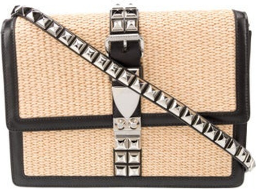 Prada Shoulder Bag Nero & Naturale City Calf Leather Colorblock Pattern Silver-Tone Hardware Leather Trim Single Adjustable Shoulder Strap Studded Accents Logo Jacquard Lining & Dual Interior Pockets Flap & Push-Lock Closures at Front Includes Dust Bag & Authenticity Card