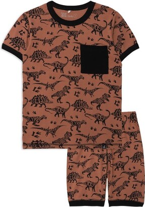 Deux Par Deux Organic Cotton Two Piece Short Pajama Set Chocolate Dinosaur Print - Brown
