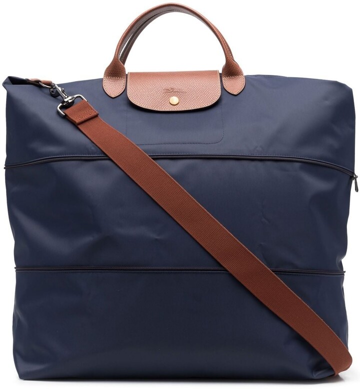 Longchamp Womens Brown Blue Nylon Expandable Leather Hobo Bag