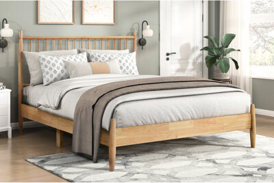 Latitude Run Full Size Mid-Century Modern Bedroom Bed, Natural Wood With Headboard And Slats, No Foundation Needed Bed In Design, Wooden Furniture Slats Headboard,
