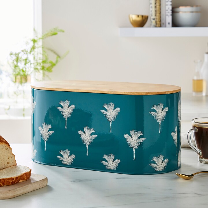 Dunelm Luxe Palm Bread Bin with Bamboo Lid Blue/White/Beige ShopStyle