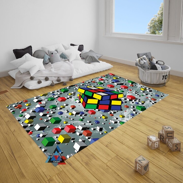 Rubik's Cube, Cube Lover Gift, Decor Rug, Children Colorful Designer Kids Room Decor, Floor Non Slip Carpet, Education Rug