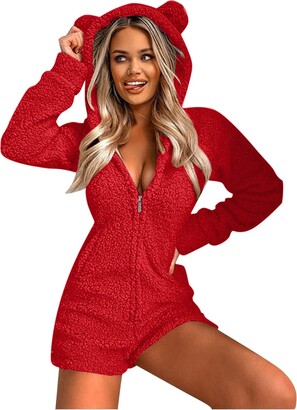 Asdqw Women Long Sleeve Fashion Nightwear Suit Animal Ear Hooded Leopard  Printed Jumpsuit Pyjamas Nightwear Set High Waist Jumpsuit (Red XL) -  ShopStyle