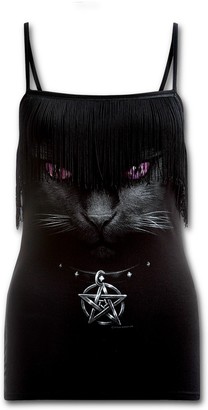 Spiral Women's Gothic Tank Top with Fringes Black Cat - Black Cat Camisole Tank Top - Black - Small