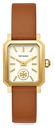 Tory Burch Robinson Goldtone Stainless Steel & Brown Leather Strap Watch